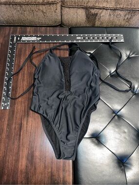Xhilaration Black Crochet-Plunge One-Piece Swimsuit